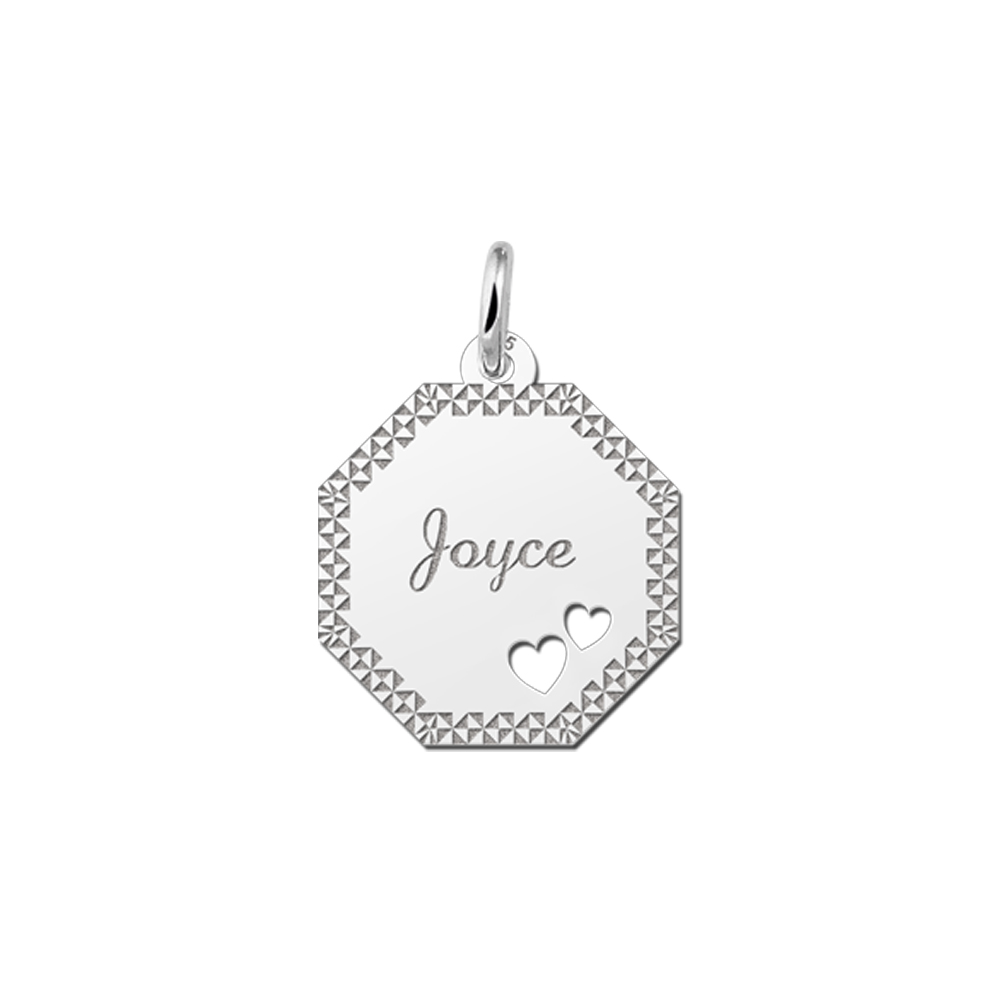 Solid Silver Necklace with Name, Border and Two Hearts