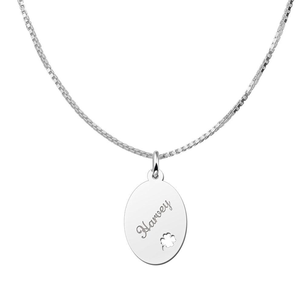 Engraved Silver Oval Necklace with Four Clover