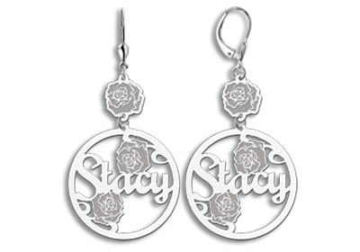 Silver name earrings with roses