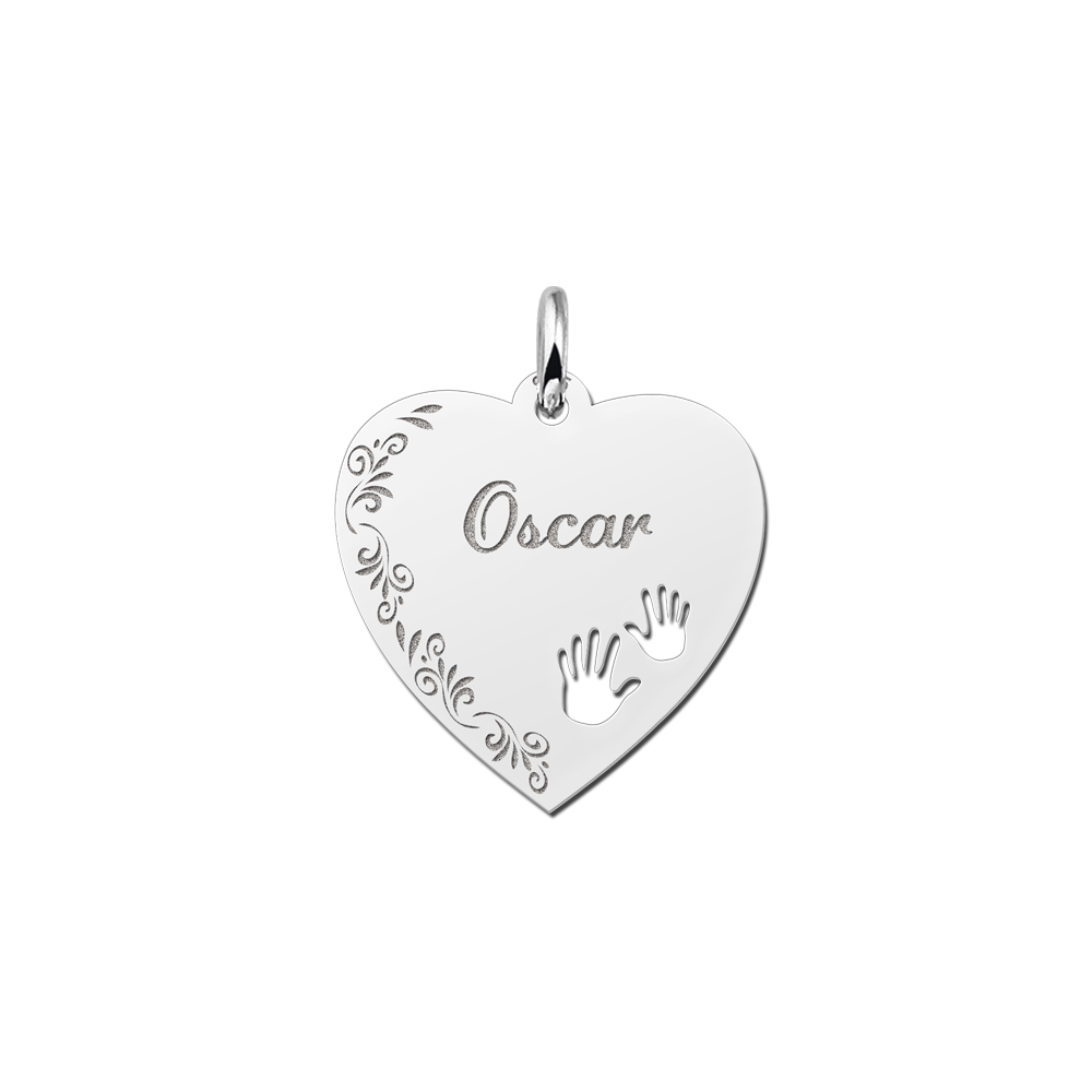 Silver engraved heart nametag flower design hands