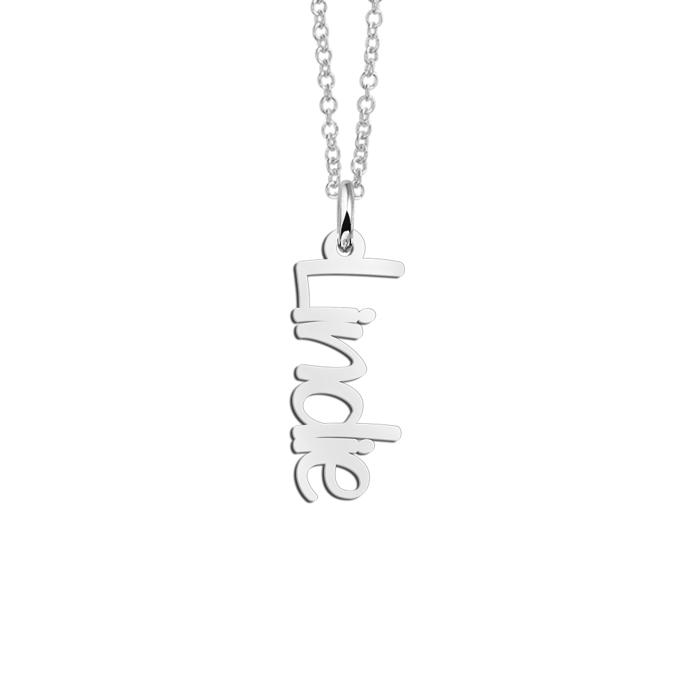Silver vertical name necklace Lindie in modern font