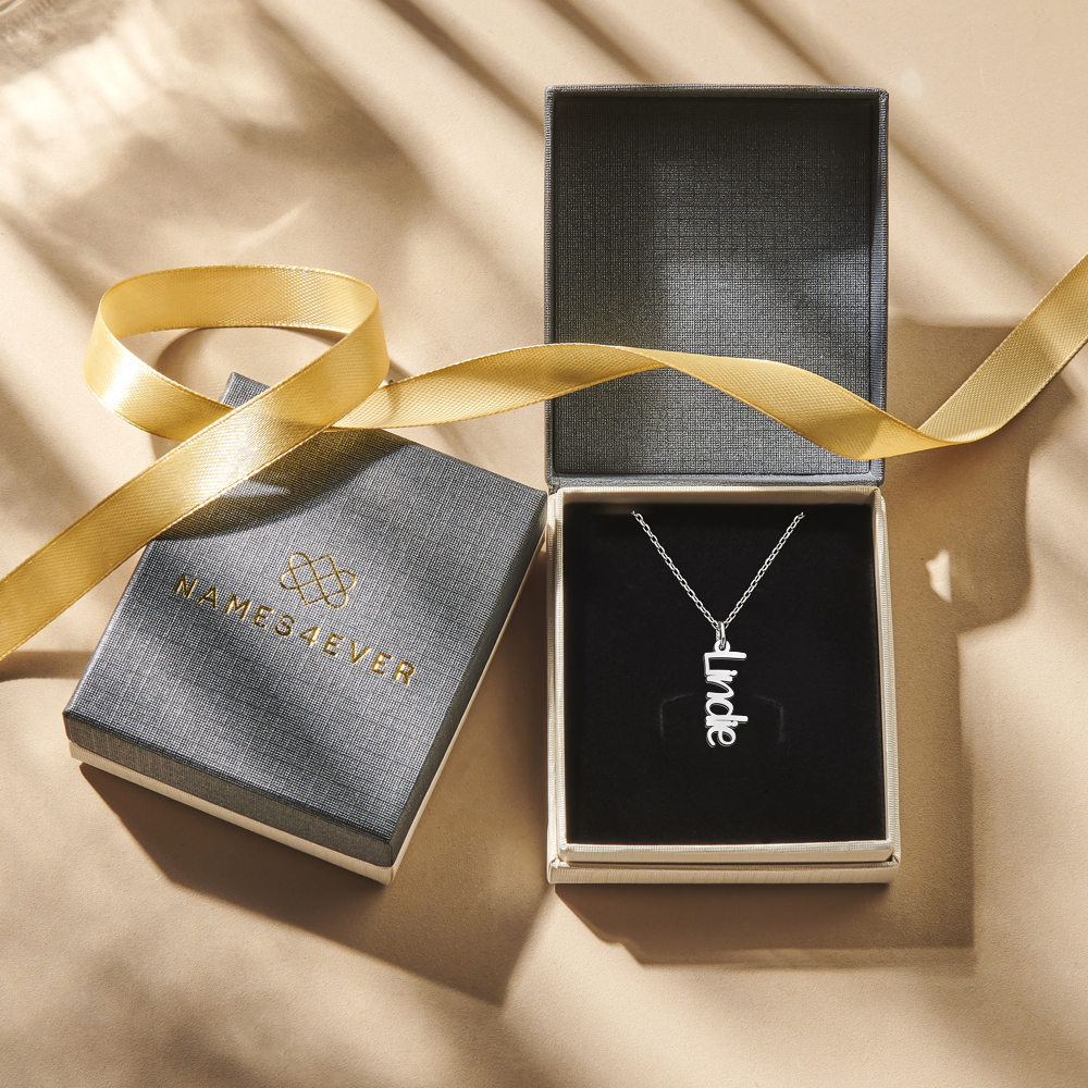 Silver vertical name necklace Lindie in modern font
