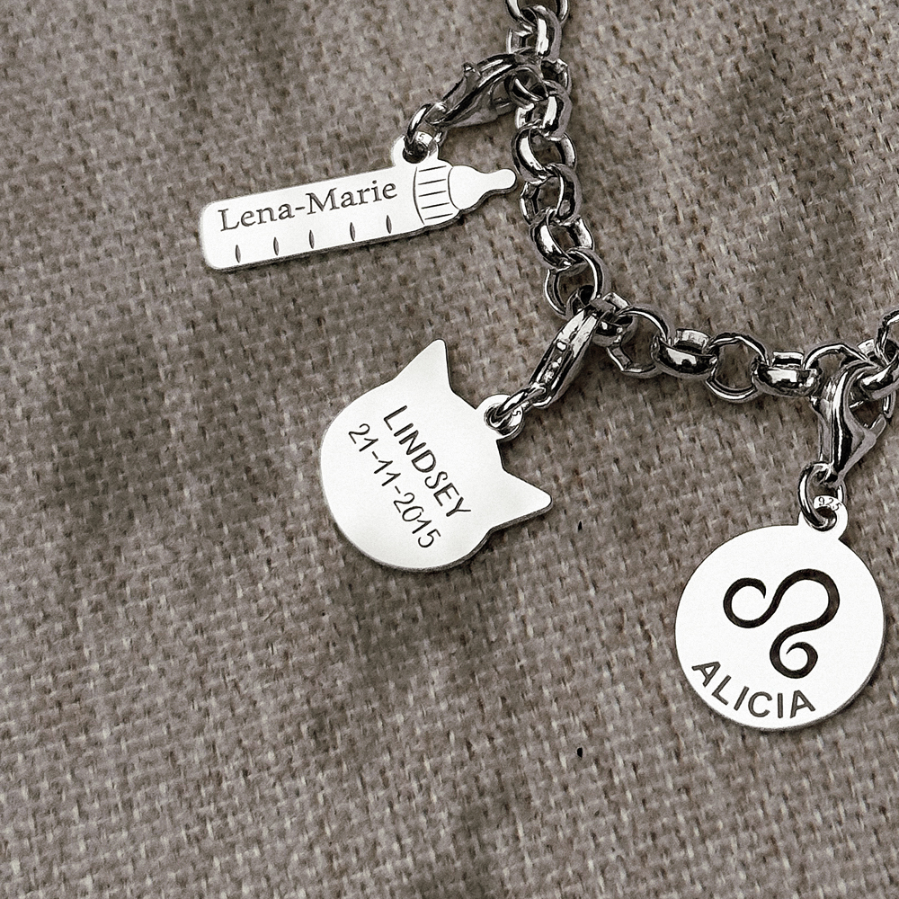 Silver charm Cat with name and date