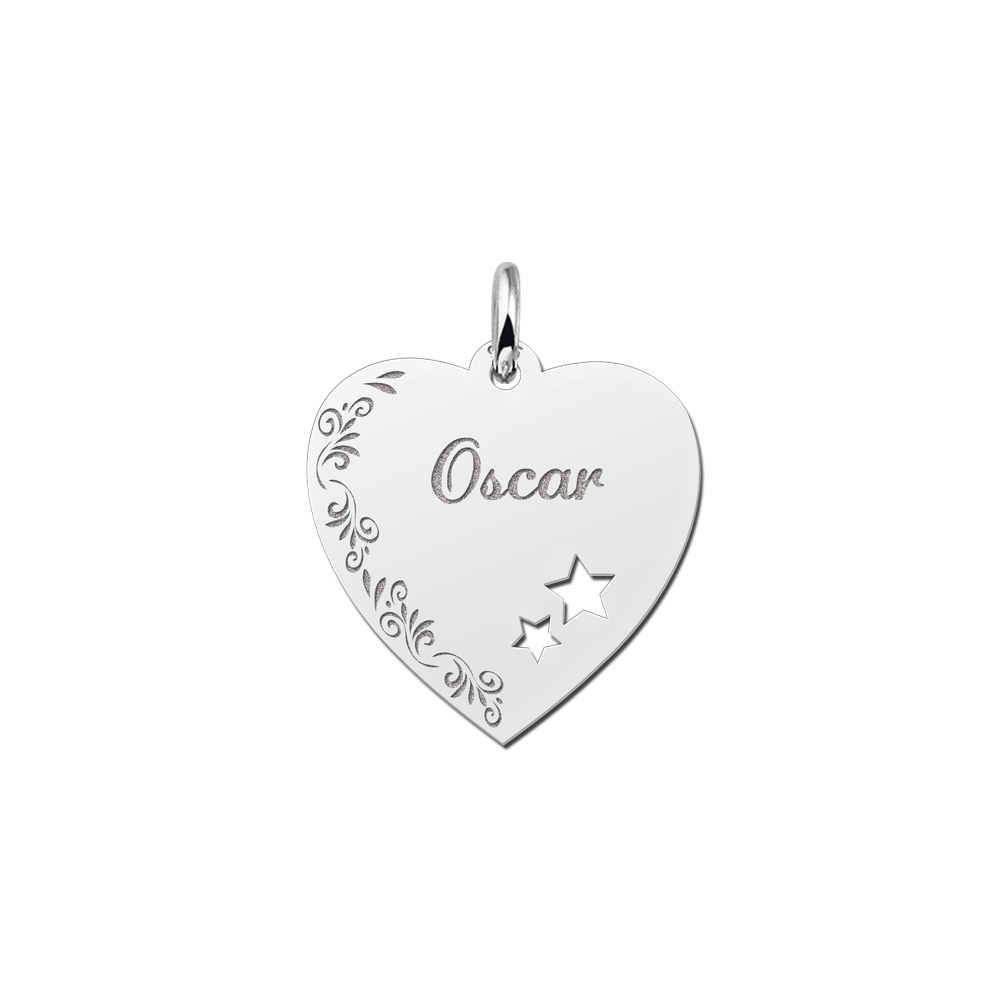 Silver engraved heart nametag flower design stars