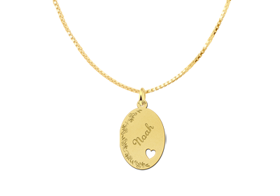 Golden Oval Necklace with Name, Flowers and Small Heart