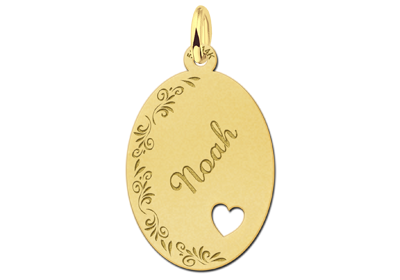 Golden Oval Necklace with Name, Flowers and Small Heart