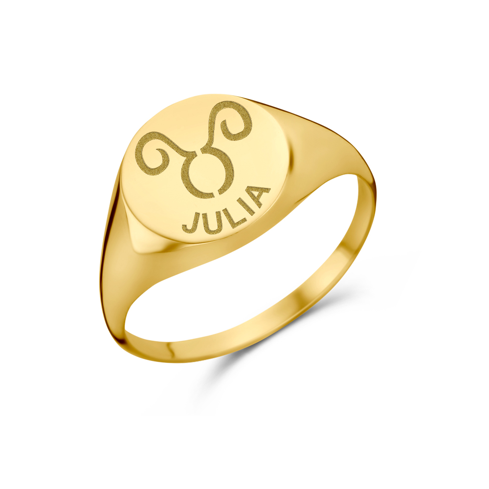 Gold signet ring round with zodiac sign and name engraving