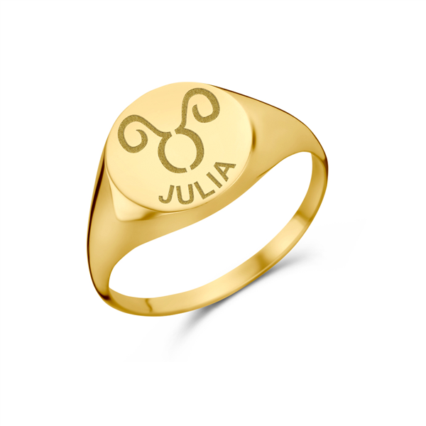 Gold signet ring round with zodiac sign and name engraving
