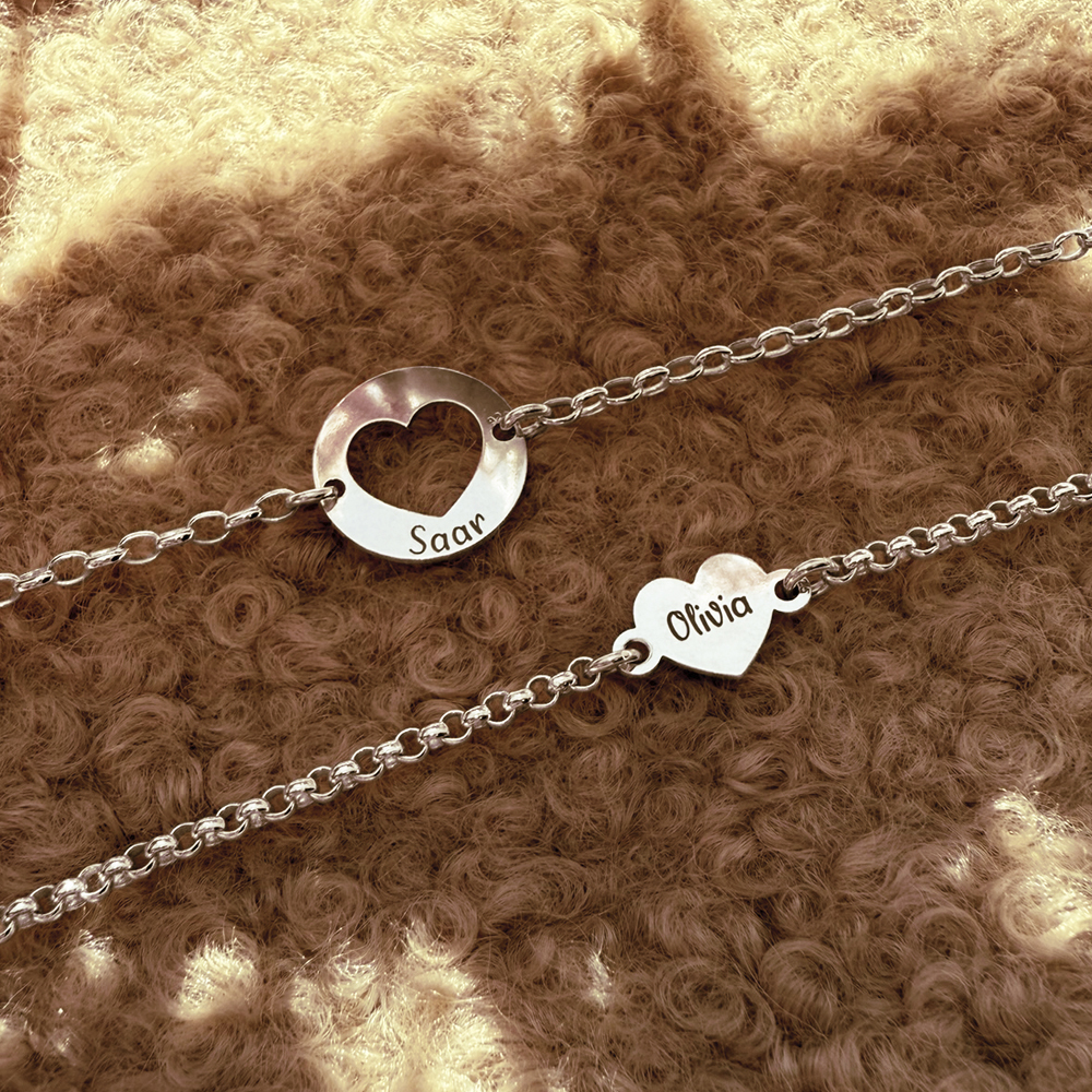 Silver heart bracelet set with names