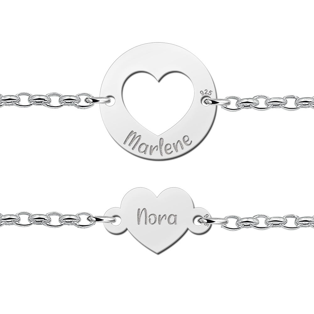 Silver heart bracelet set with names