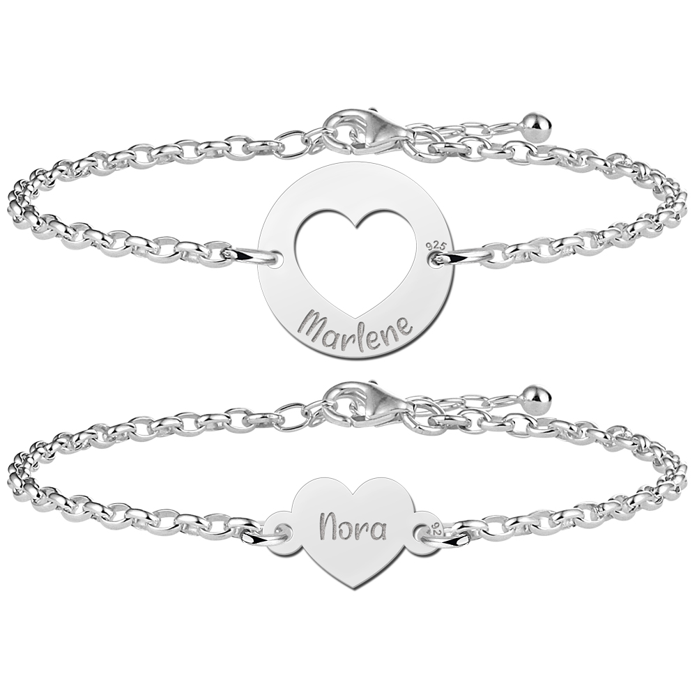 Silver heart bracelet set with names