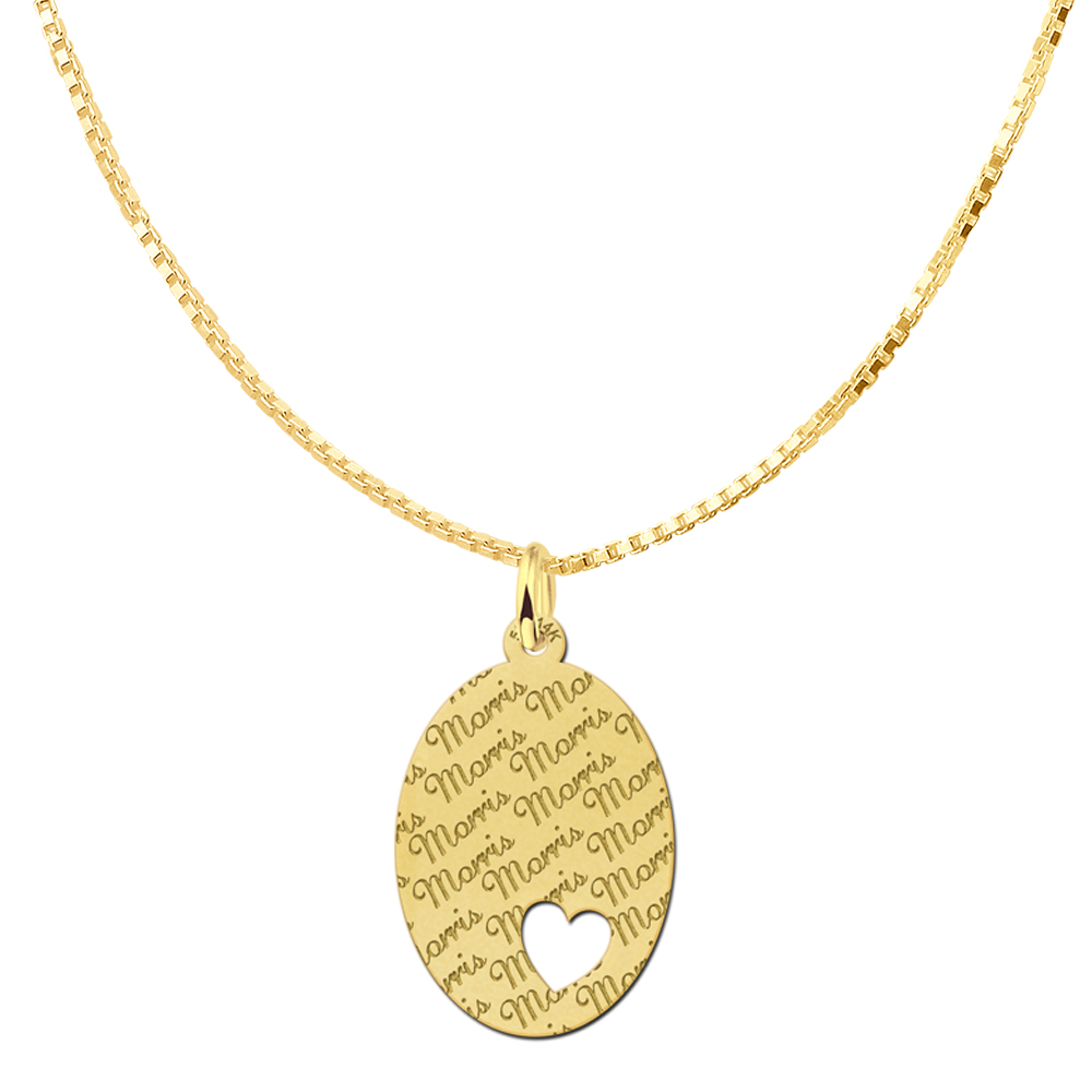 Golden Oval Necklace Engraved with Small Heart Large