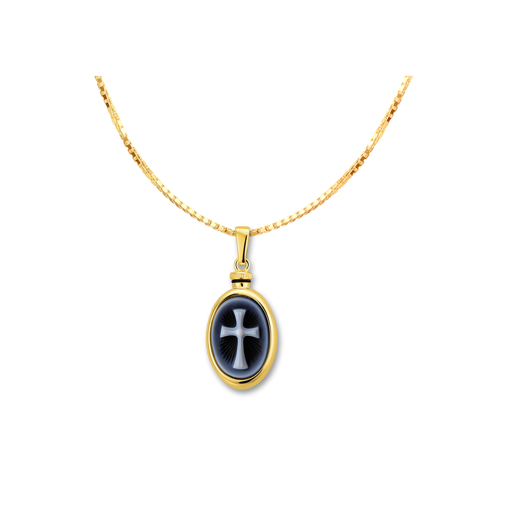 Golden Oval Pendant with Blue Cameo 'Latin Cross'