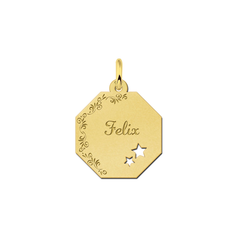 Gold-plated octagonal pendant with floral border and stars