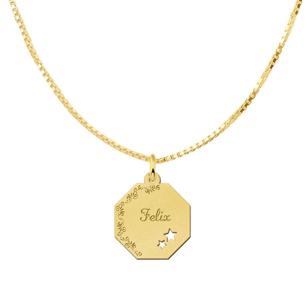Gold-plated octagonal pendant with floral border and stars