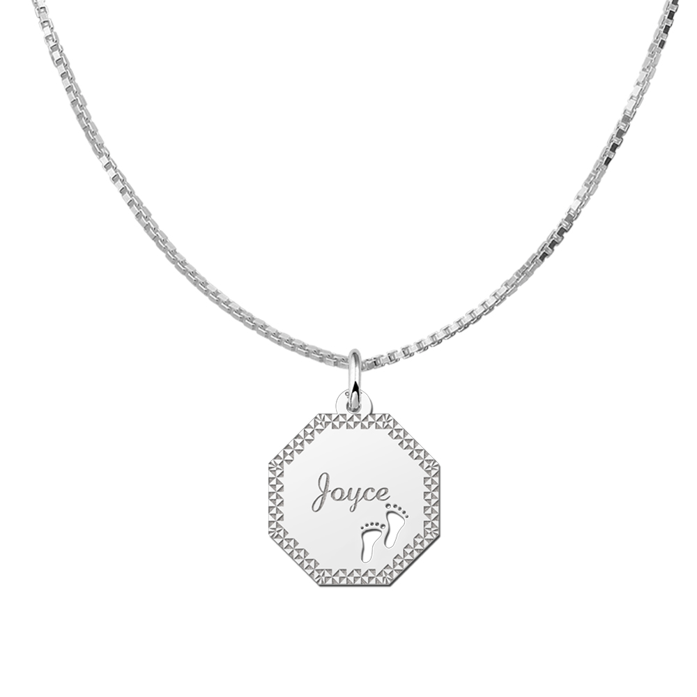 Silver Octagon Pendant with Name, Border and Babyfeet
