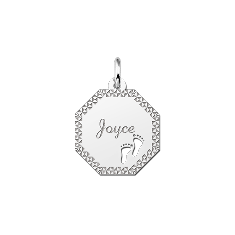 Silver Octagon Pendant with Name, Border and Babyfeet