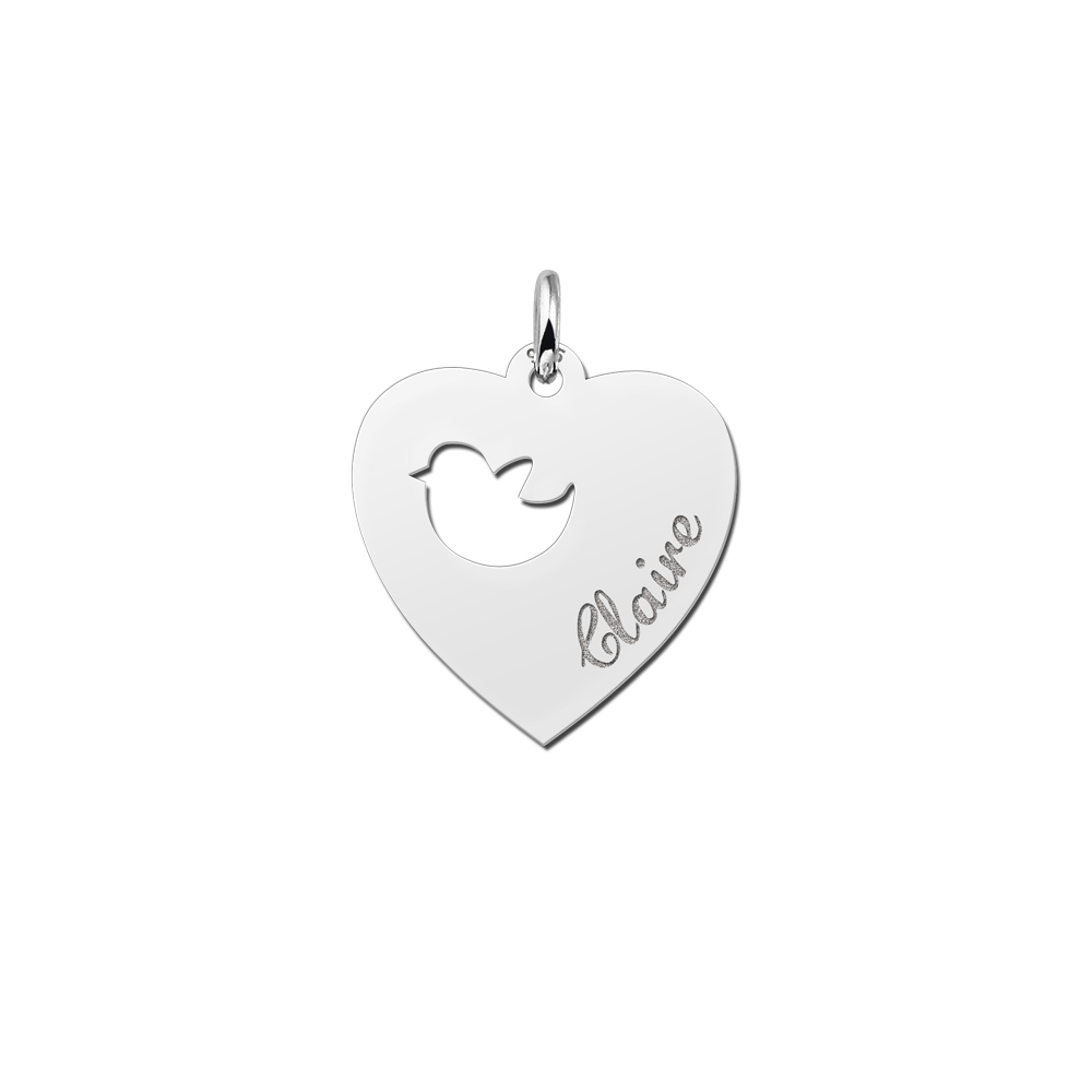Engraved Silver Heart Pendant, Bird with Name
