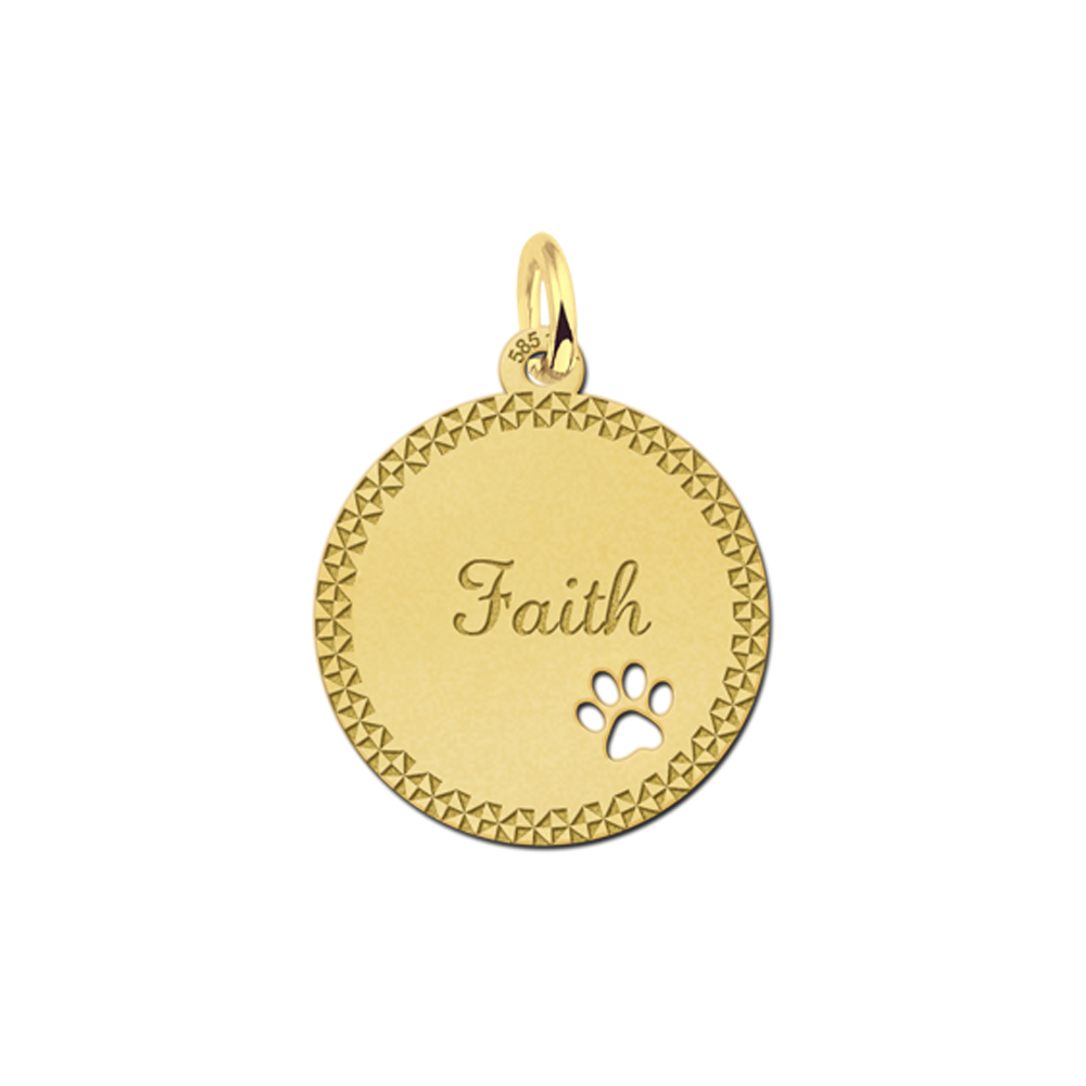 Gold Disc Necklace with Name, Border and Dog Paw