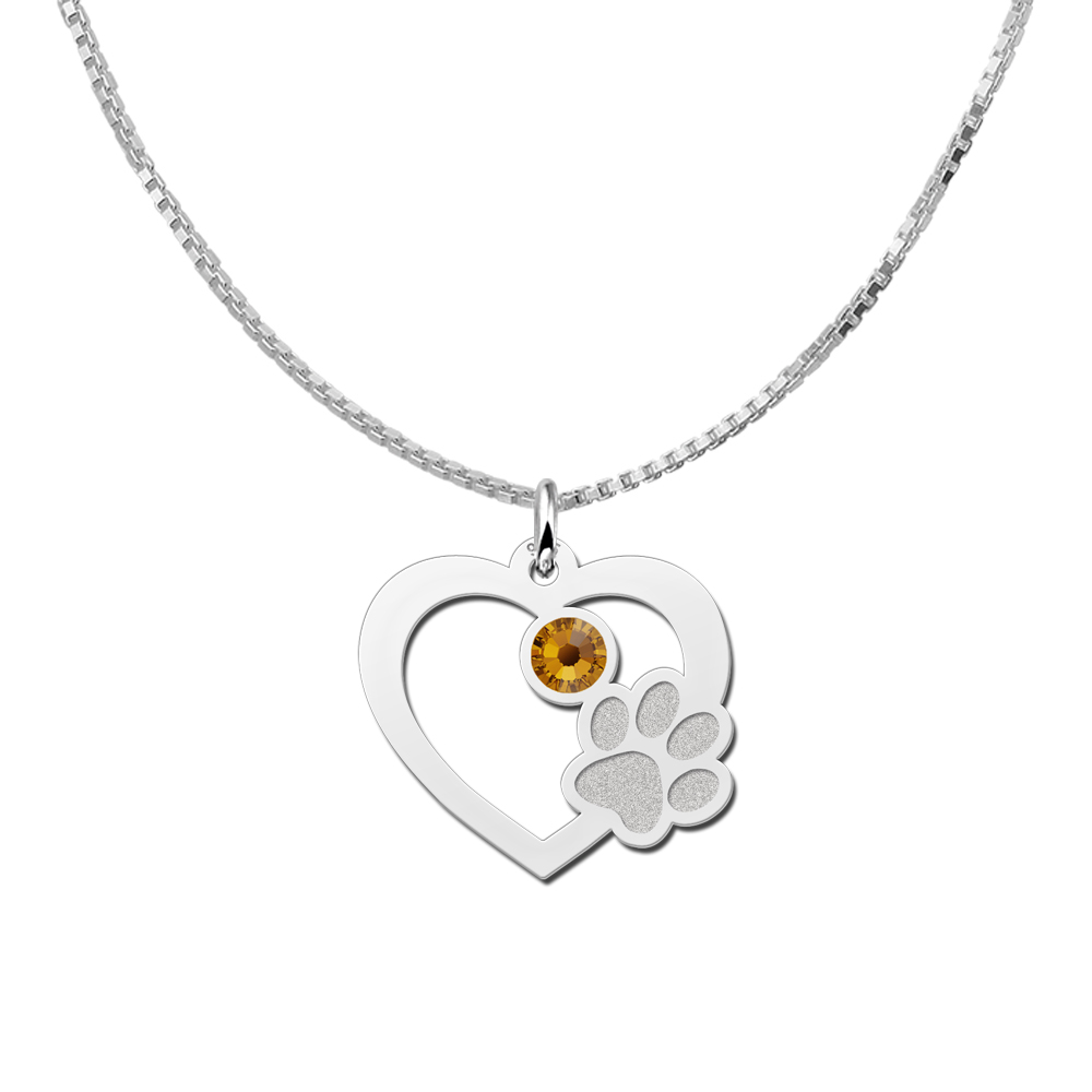 Silver heart with paw and birthstone