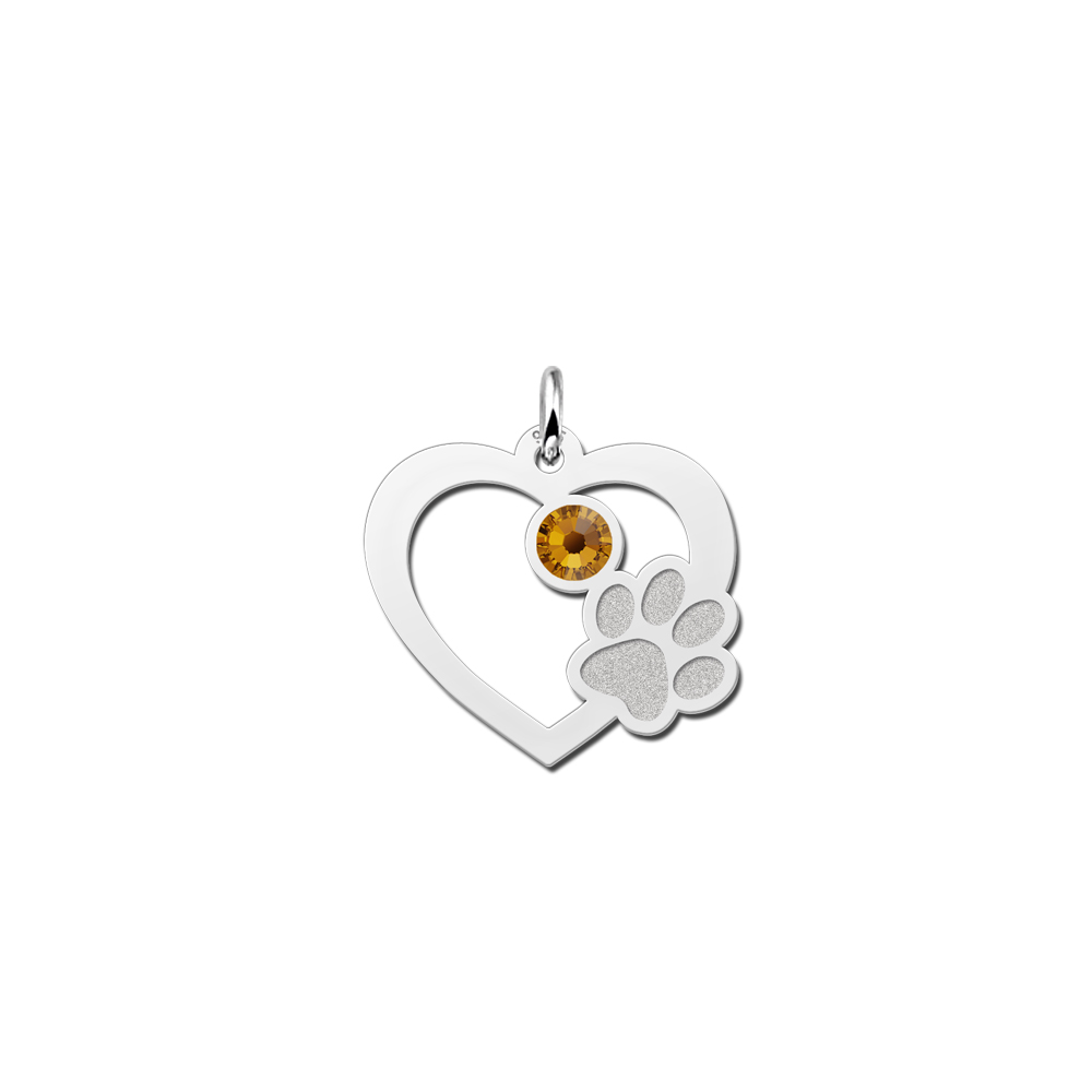 Silver heart with paw and birthstone