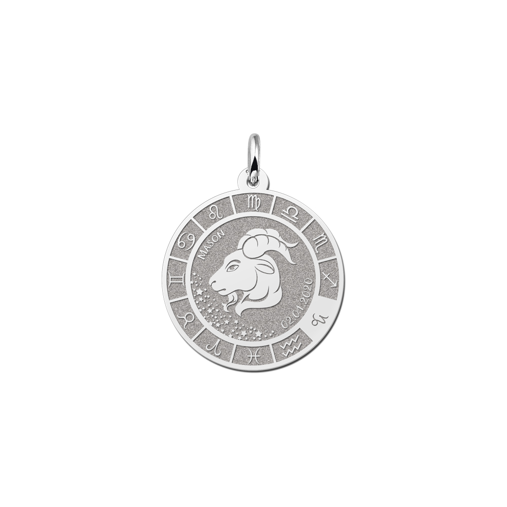 Silver Round Zodiac Pendant Capricorn with Name Engraving
