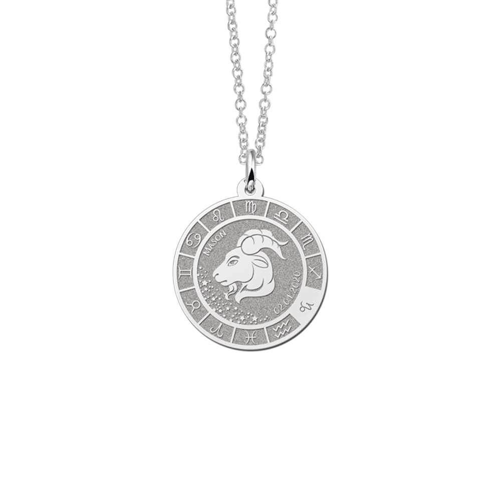 Silver Round Zodiac Pendant Capricorn with Name Engraving
