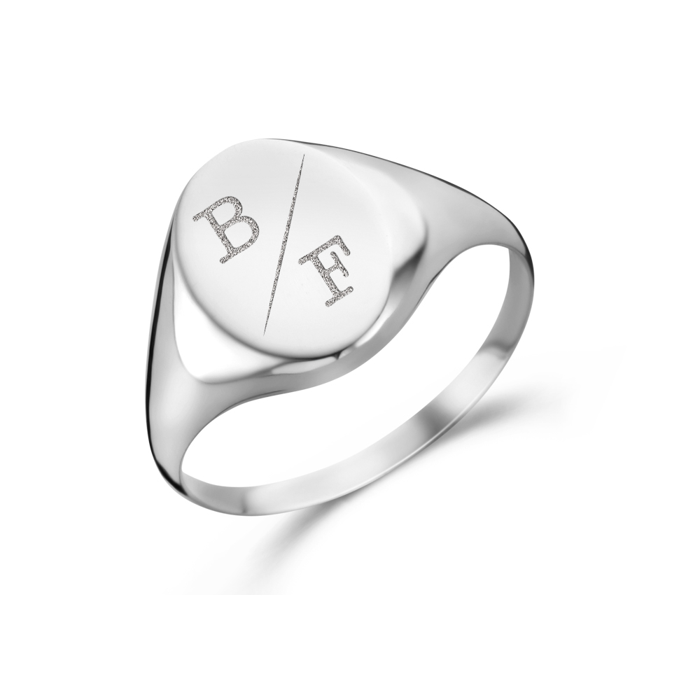 Oval silver signet ring with two initial