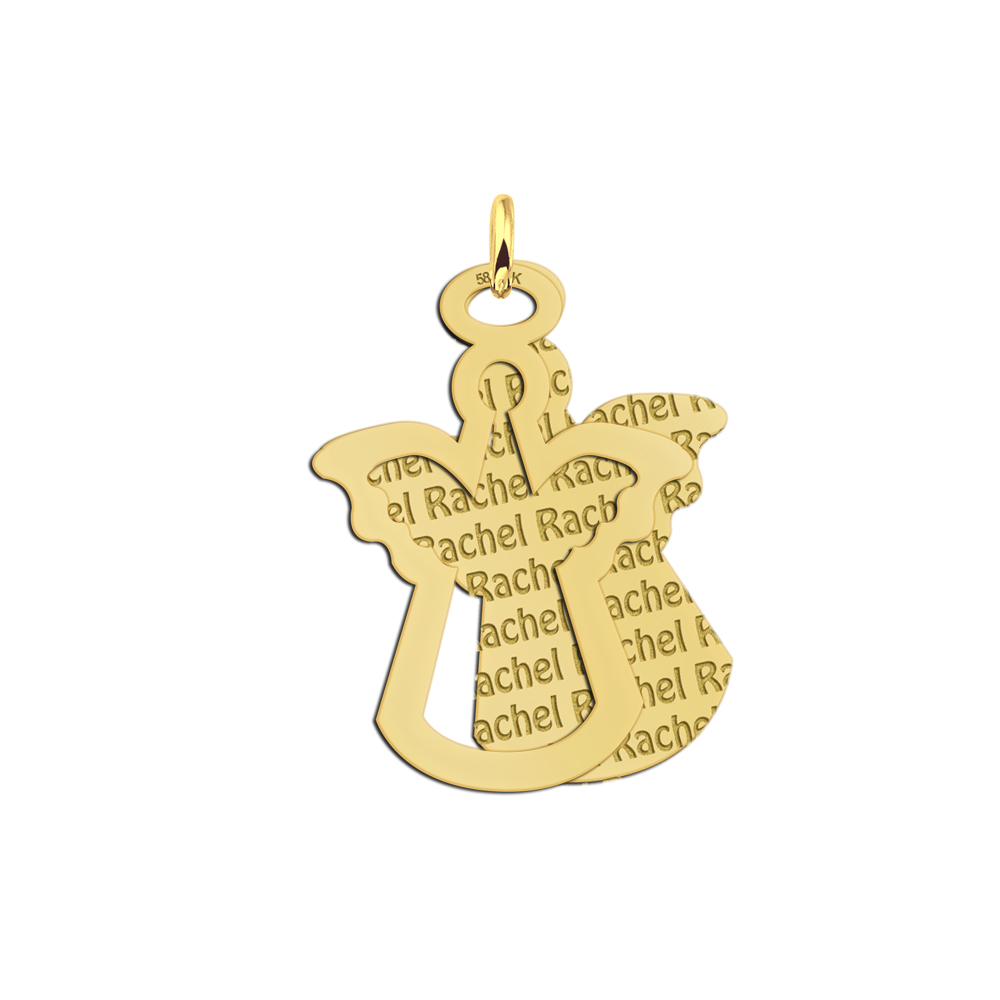 Gold angel pendant with cut-out design and engraved name repeated