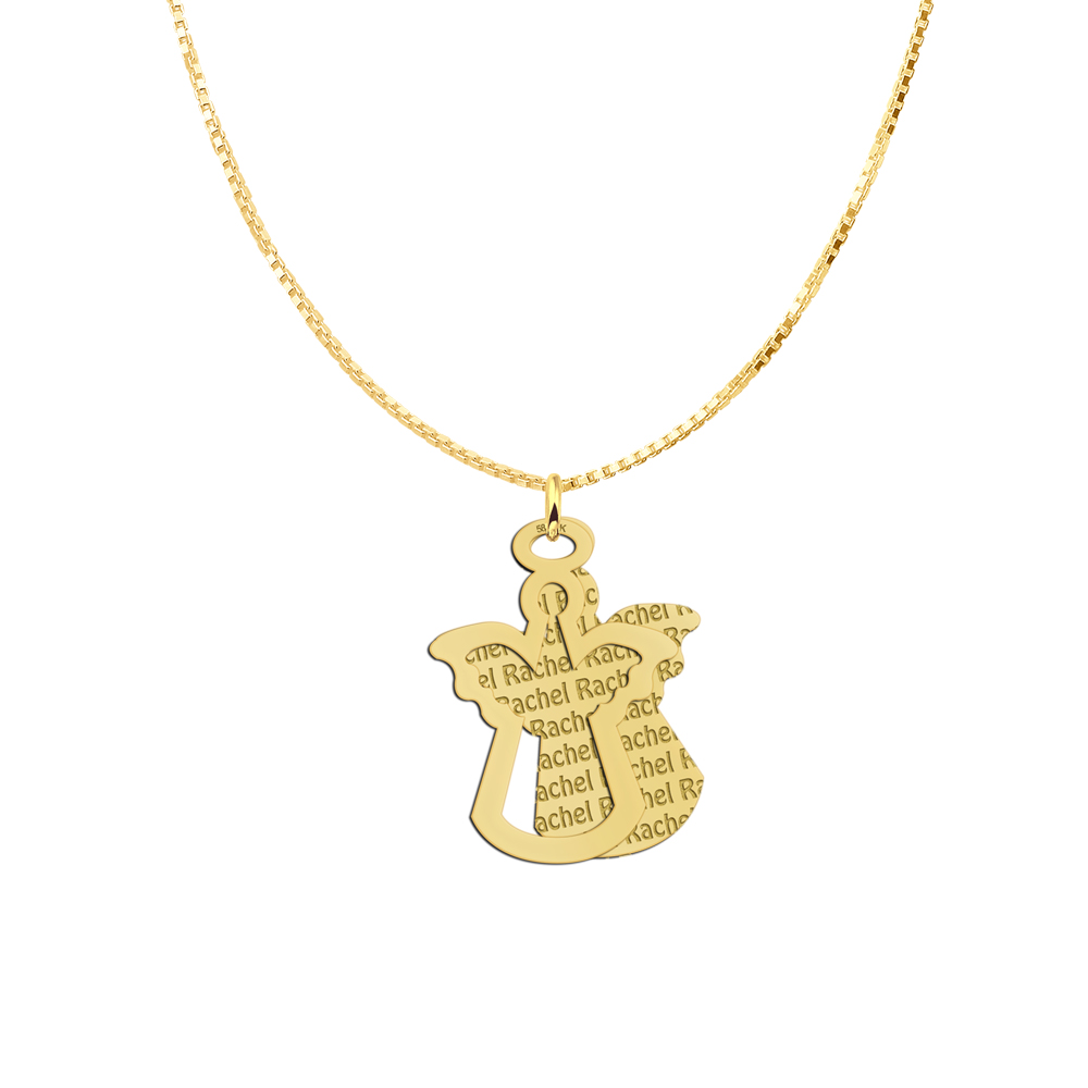 Gold angel pendant with cut-out design and engraved name repeated