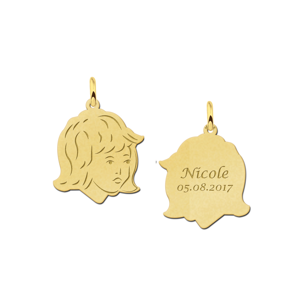 Girls child head gold pendant with back engraving
