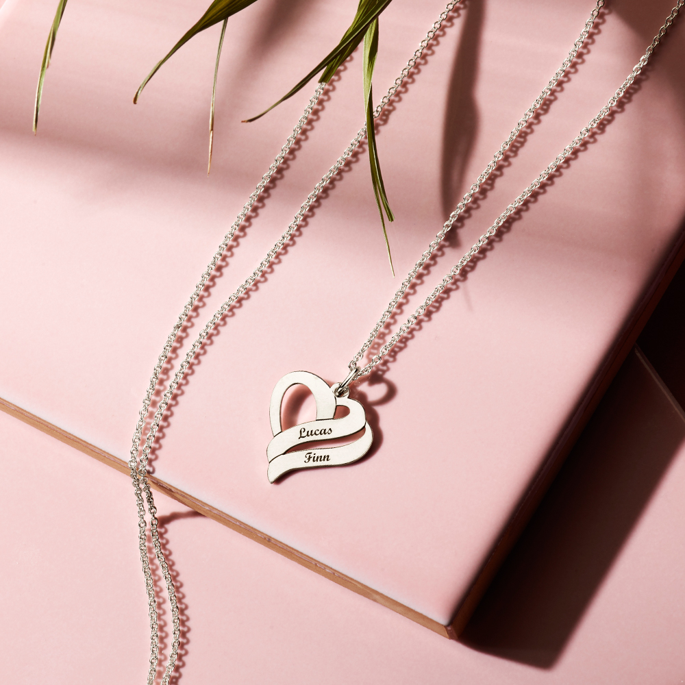 Silver pendant heart shaped for two names small