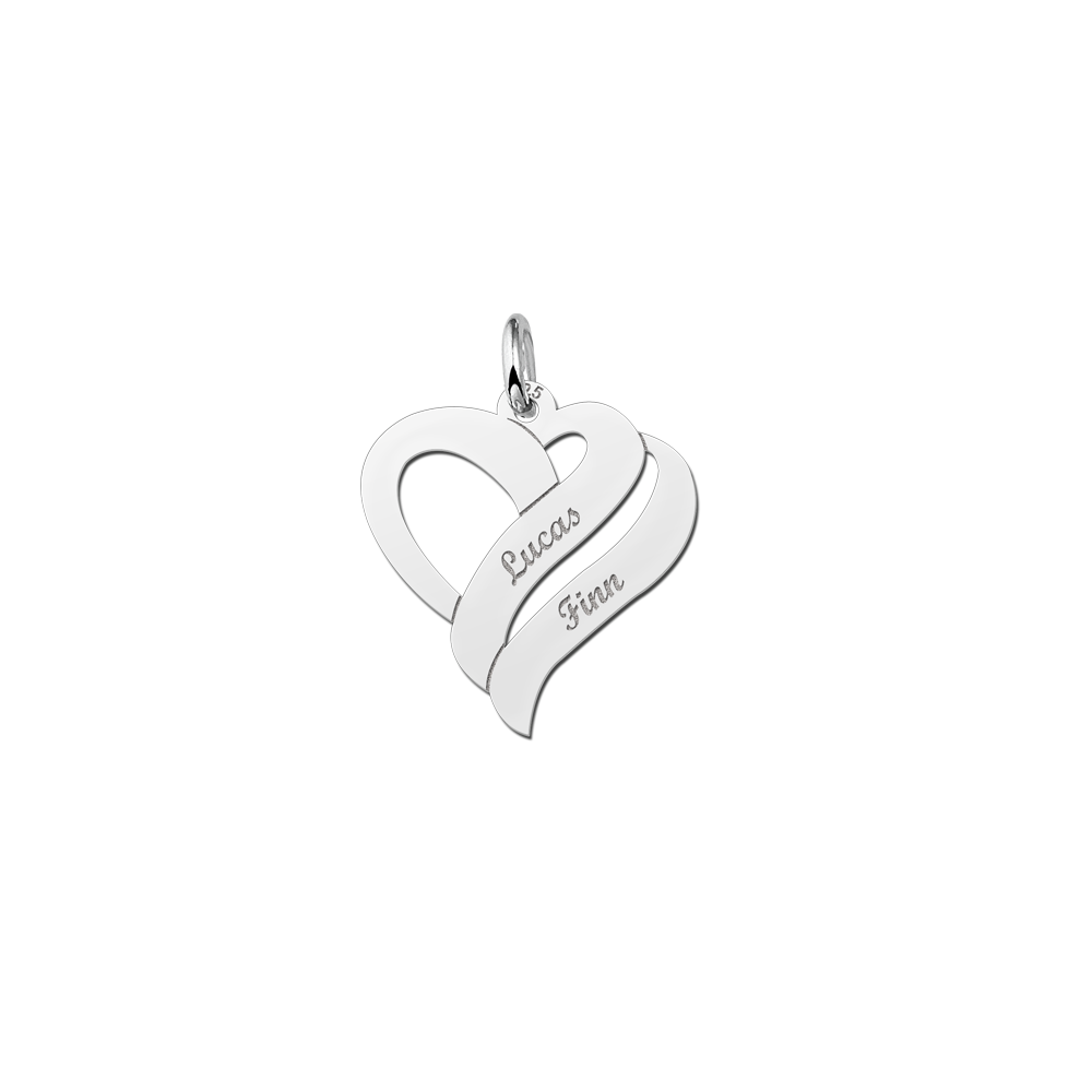 Silver pendant heart shaped for two names Small