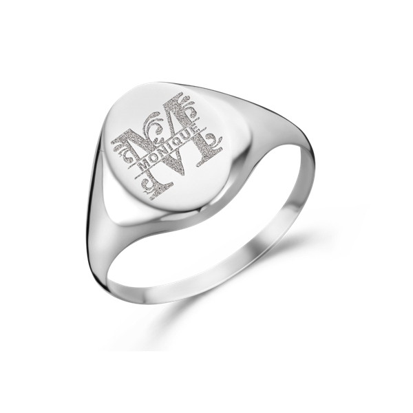 Silver oval signet ring with initial and name