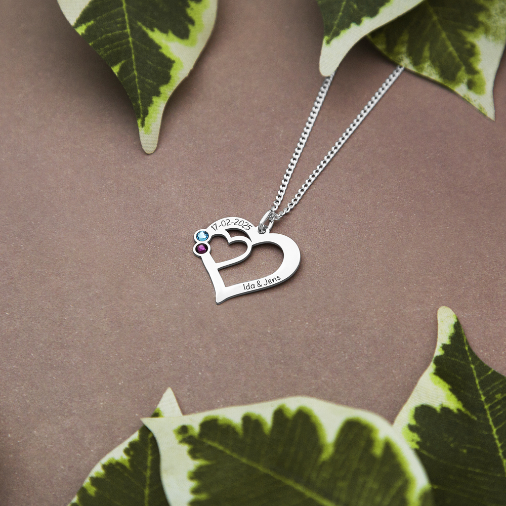 Silver heart pendant with engraving and birthstones