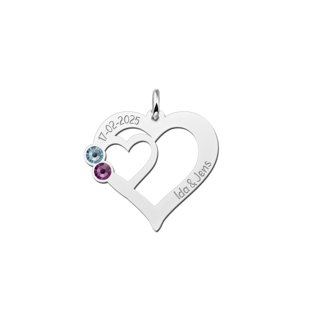 Silver heart pendant with engraving and birthstones