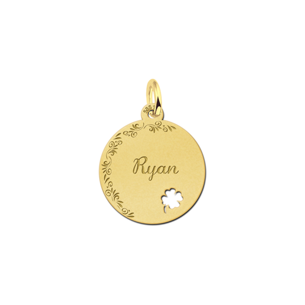Personalised Gold Disc Pendant with Flowers and Four Leaf Clover