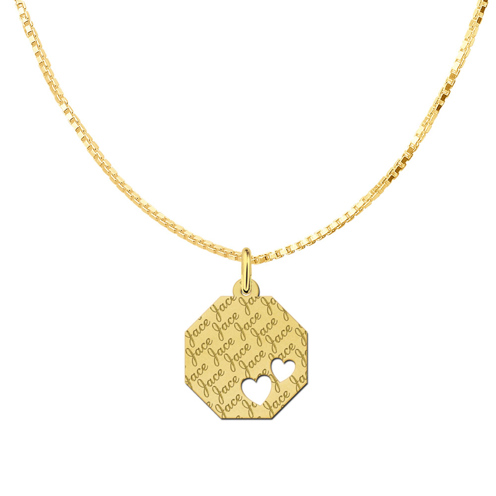 Angled gold-plated pendant with name pattern and 2 hearts