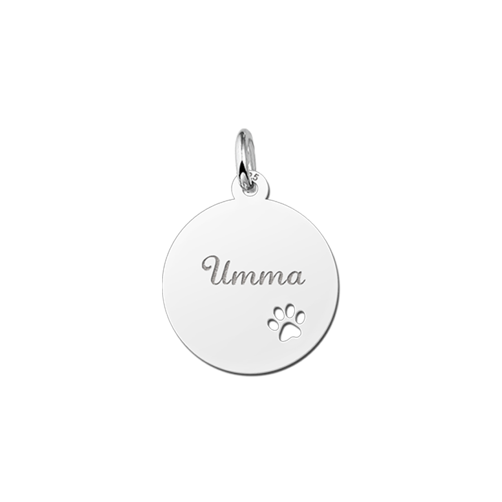 Silver pendant with name and cut-out paw print