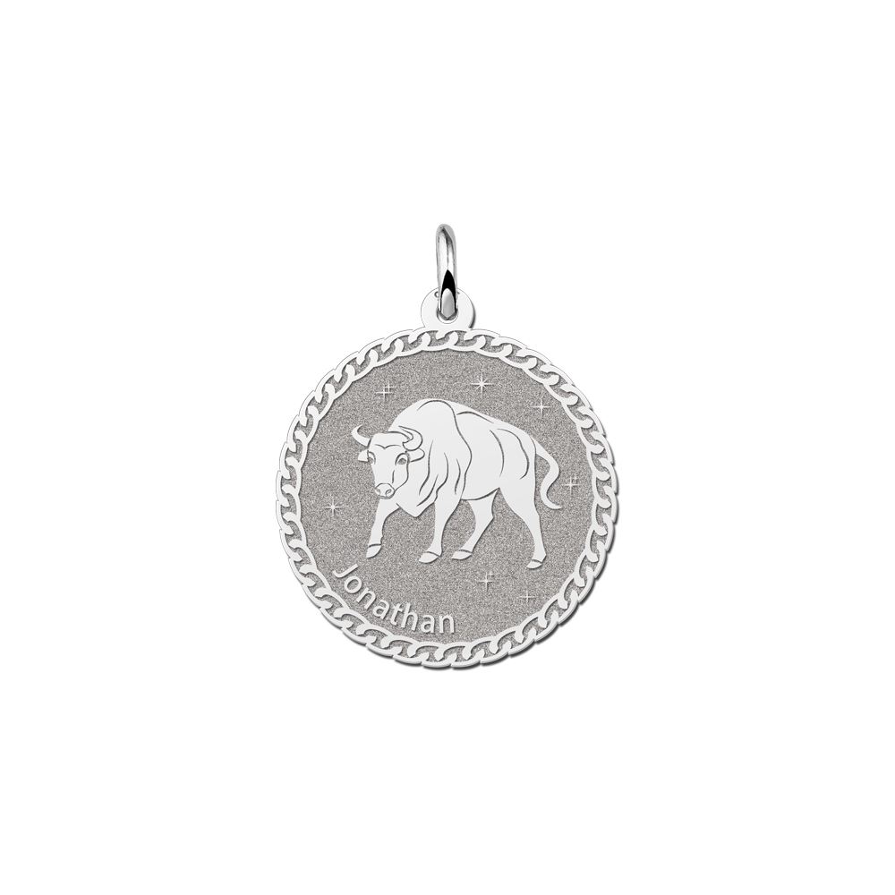 Silver Round Zodiac Pendant Taurus with Name Engraving