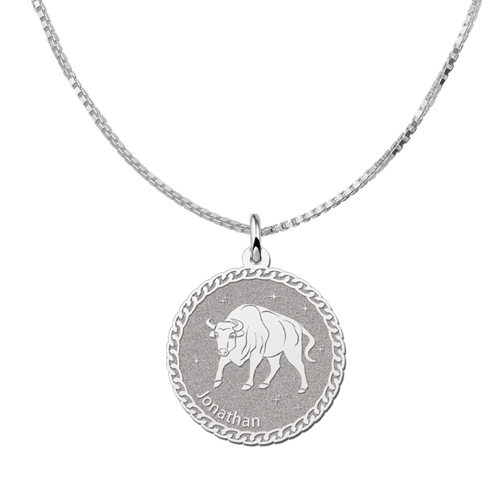 Silver Round Zodiac Pendant Taurus with Name Engraving