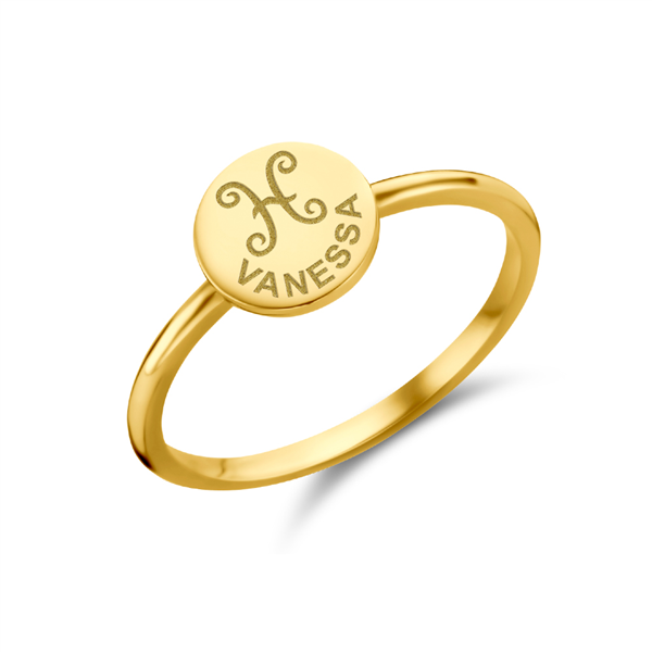 Gold signet ring disc with zodiac sign and name engraving