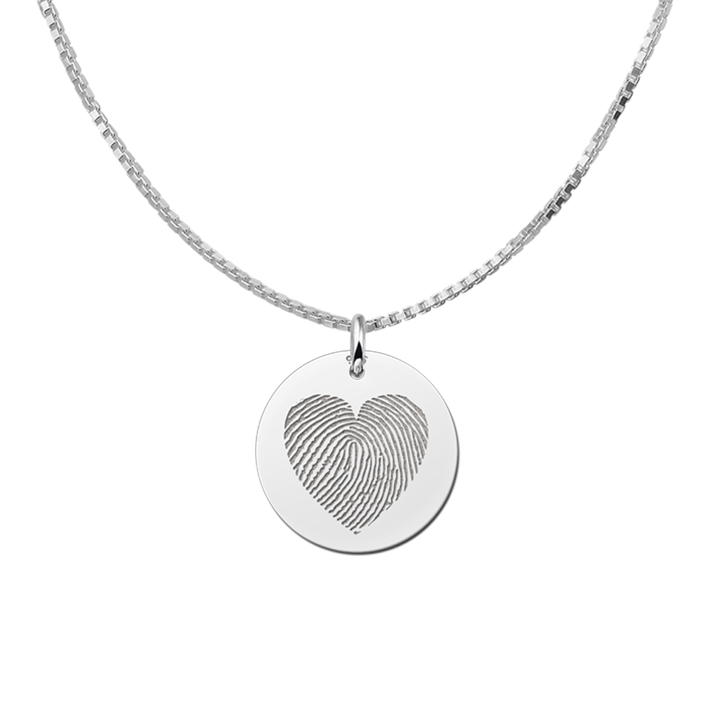 Sterling silver round pendant with heart-shaped fingerprint