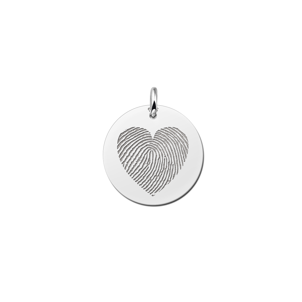 Sterling silver round pendant with heart-shaped fingerprint