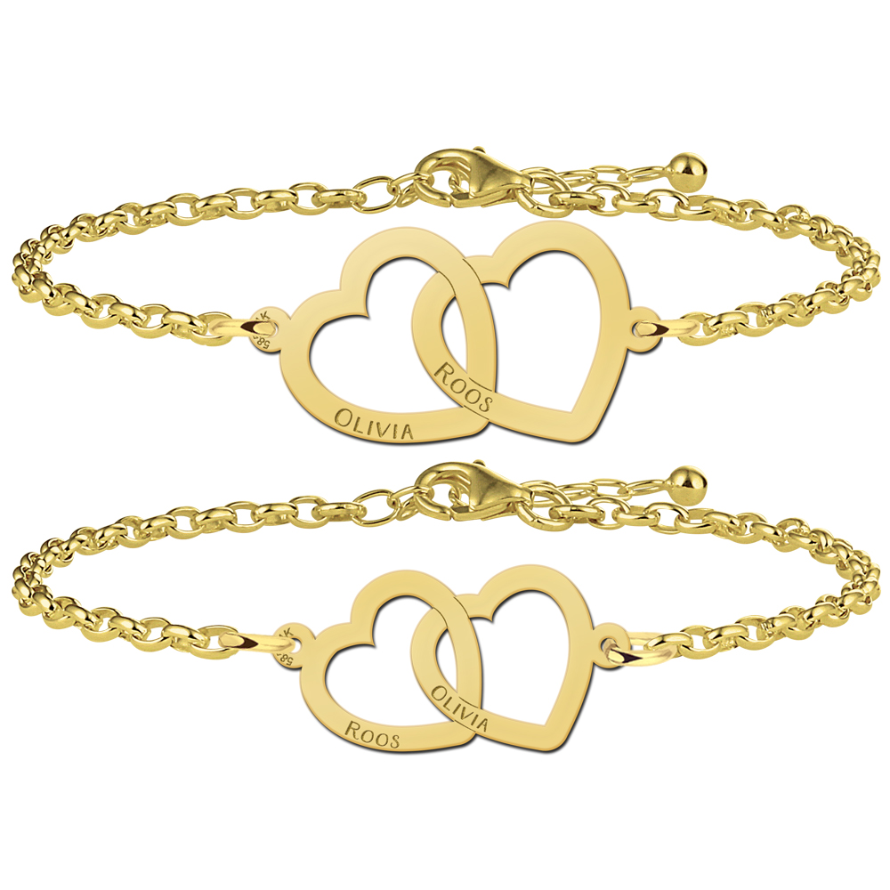 Set golden mother-and-daughter bracelets with hearts together