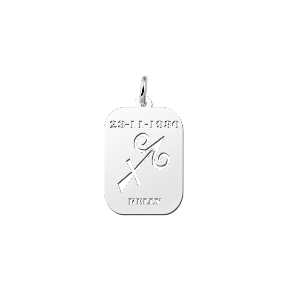 Silver zodiac rectangular namependant Sagittarius