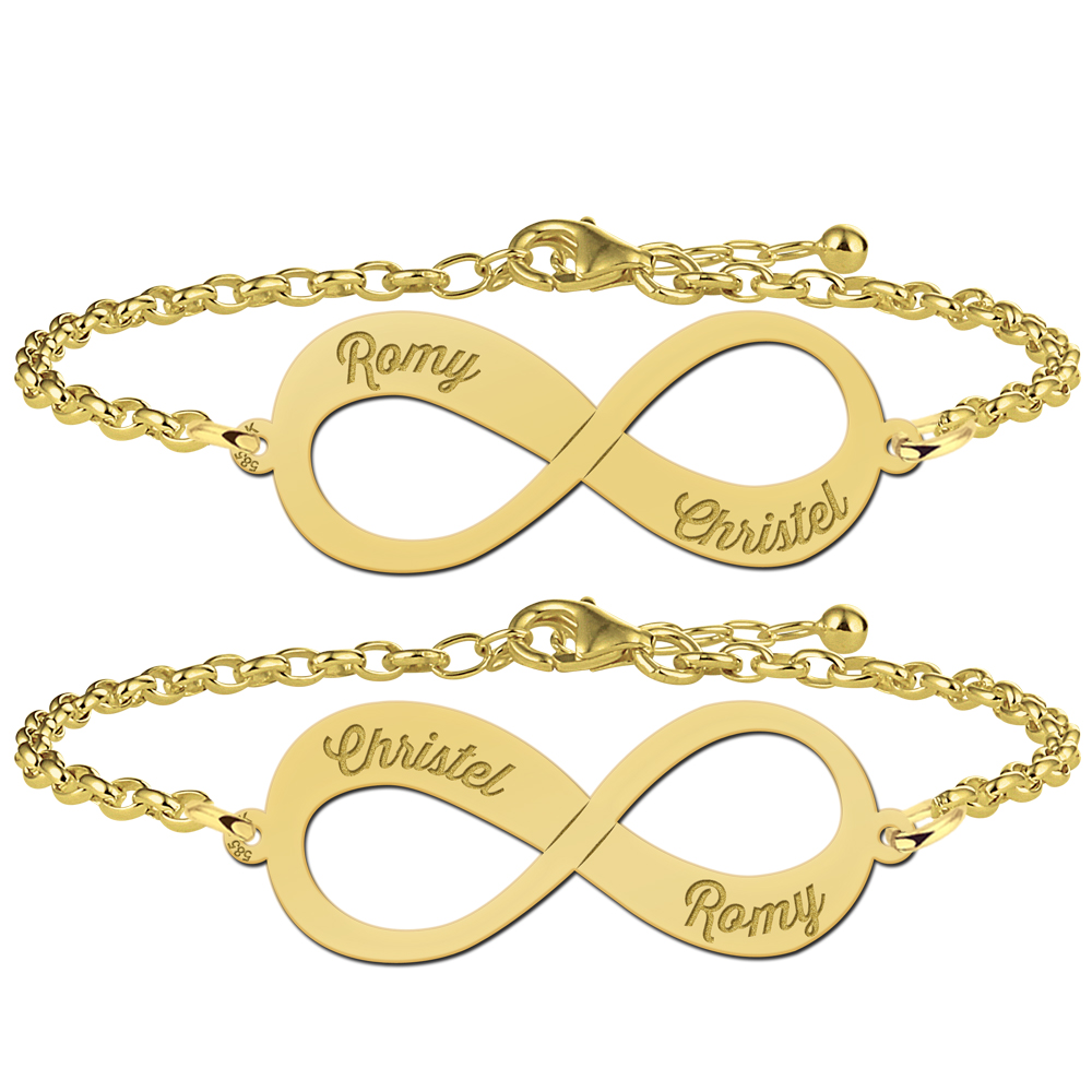 Gold infinity bracelet set with two names