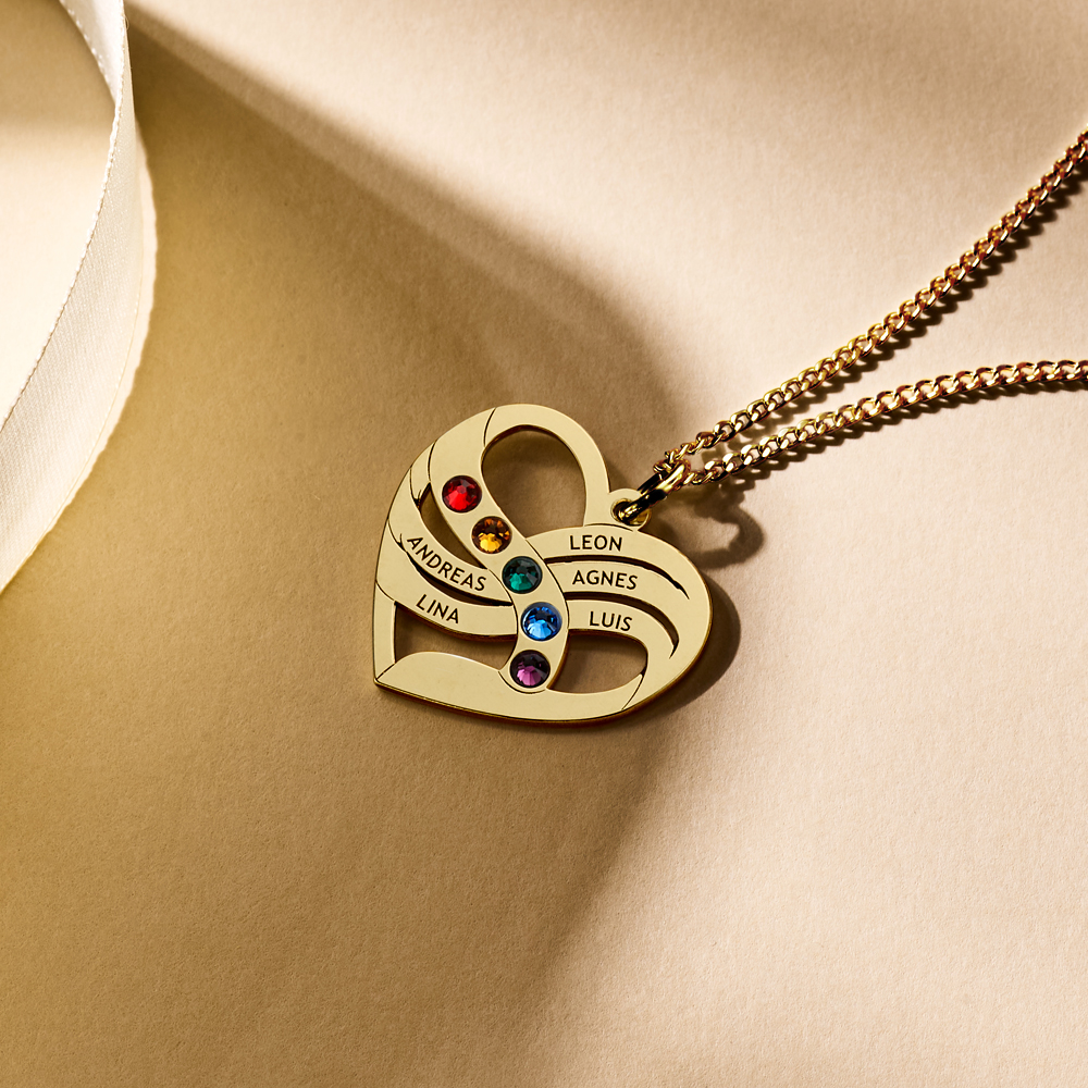 Gold heart pendant with names and birthstones