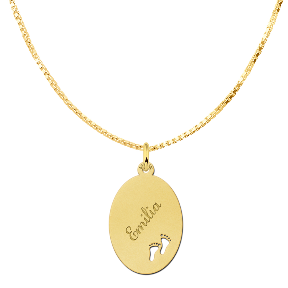 Gold Oval Necklace with Name and Feet Large