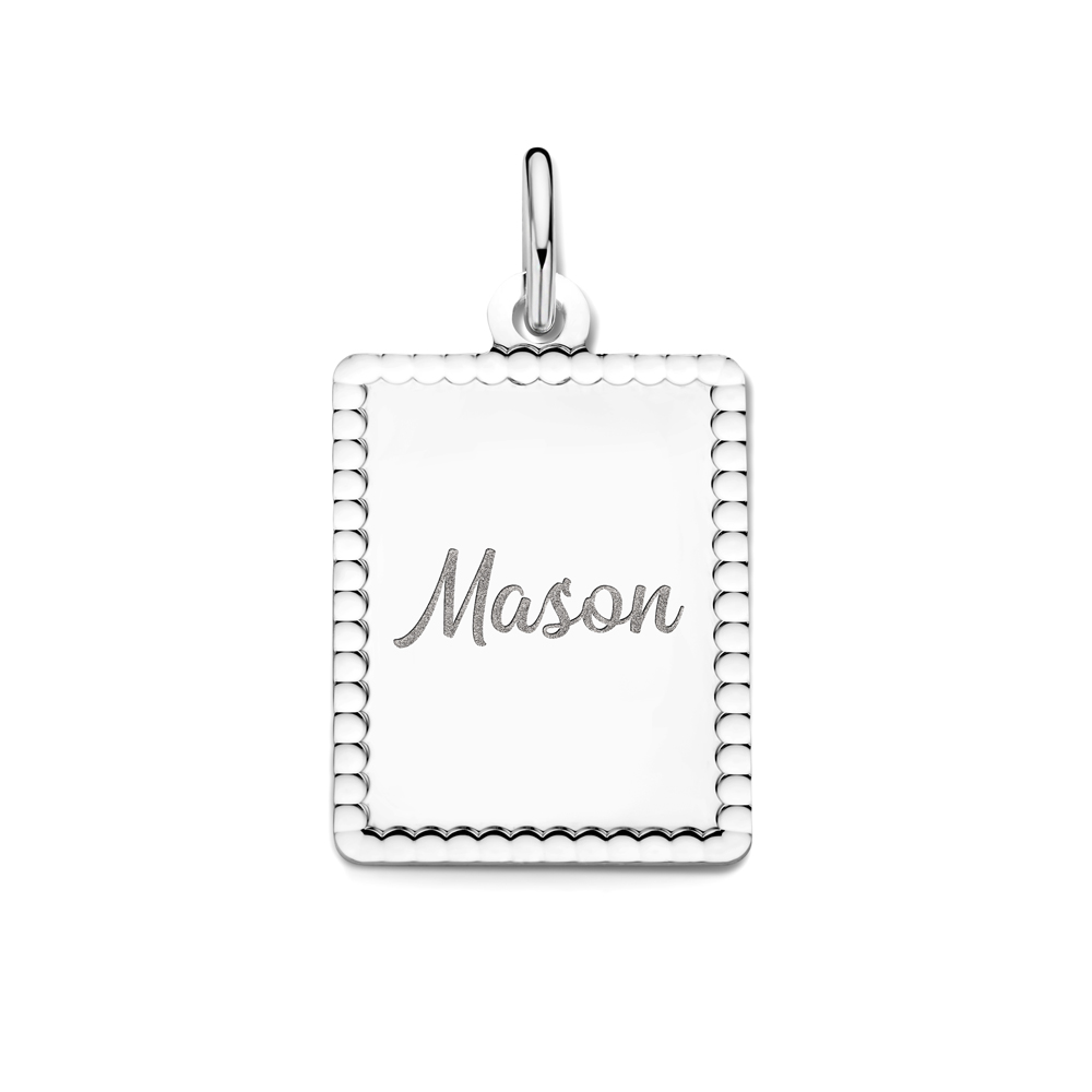 Silver rectangular pendant with name and decorative edge